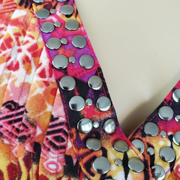 NOTATIONS Tunic Top Women's XL Pullover V Neck Snap Tab Sleeves Aztec Floral - Picture 5 of 12